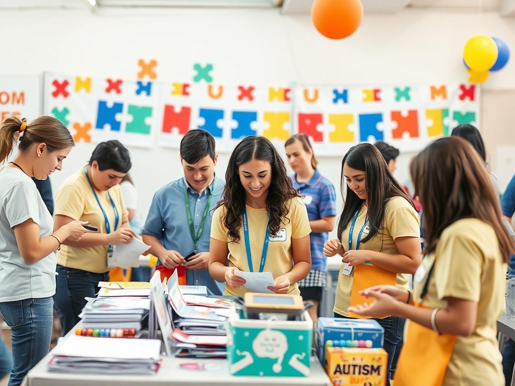 A group of enthusiastic volunteers working together at an event. They are setting up booths, preparing materials, and engaging with families. The atmosphere is lively and filled with a sense of purpose. The background features colorful decorations promoting autism awareness, creating an inviting environment.