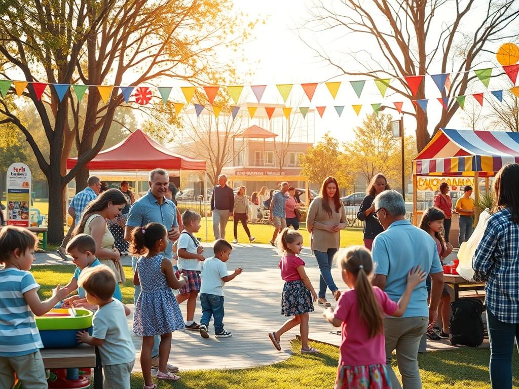 A warm and inviting scene of families enjoying a community gathering at a park, with children playing games and parents engaging in conversations. The background should feature colorful decorations, educational booths, and a sunny atmosphere, capturing the essence of a joyful back-to-school celebration.