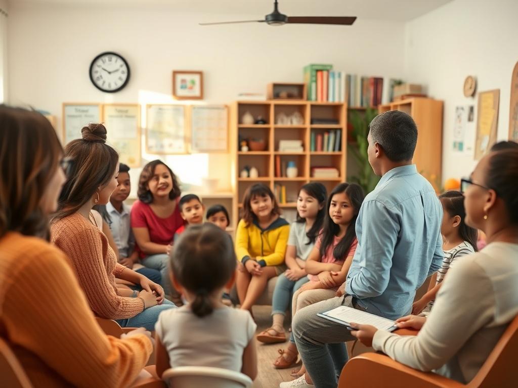 A cozy workshop setting with a diverse group of parents and caregivers attentively listening to a speaker. The room is filled with educational materials, soft lighting, and a welcoming atmosphere, reflecting a sense of community and shared learning. The speaker demonstrates engaging techniques, fostering interaction and understanding.