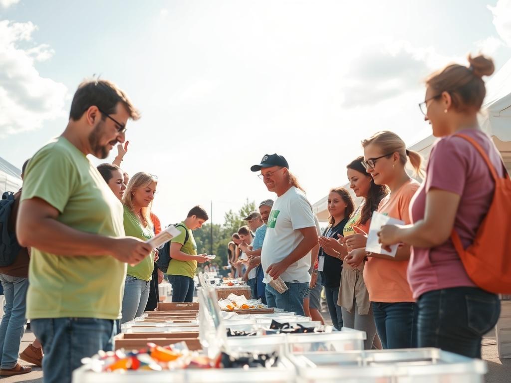 A vibrant volunteer event scene, showcasing enthusiastic individuals of various ages working together in a collaborative environment. They are engaged in activities such as setting up booths, distributing materials, and interacting with families, all under a bright sky, symbolizing hope and community spirit.