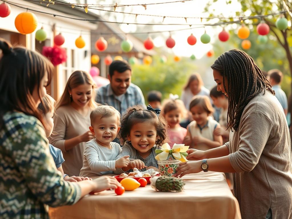 A warm and inviting community event, featuring families of diverse backgrounds engaging in activities together, with cheerful decorations and a peaceful outdoor setting. The scene captures joy, connection, and support, showcasing children playing and adults interacting positively, surrounded by nature and soft lighting.