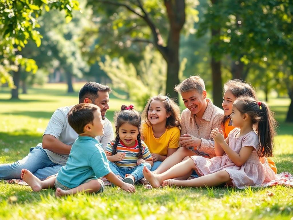 A heartwarming scene featuring a diverse group of families gathered in a park, engaged in activities together, such as playing games and sharing laughter. The setting is bright and sunny, with trees in the background and colorful picnic blankets spread across the grass. The families, representing various ethnicities and ages, are smiling and enjoying each other's company, showcasing a sense of community and support. The atmosphere is joyful and inclusive, reflecting the mission of the Shooting Stars Foundat