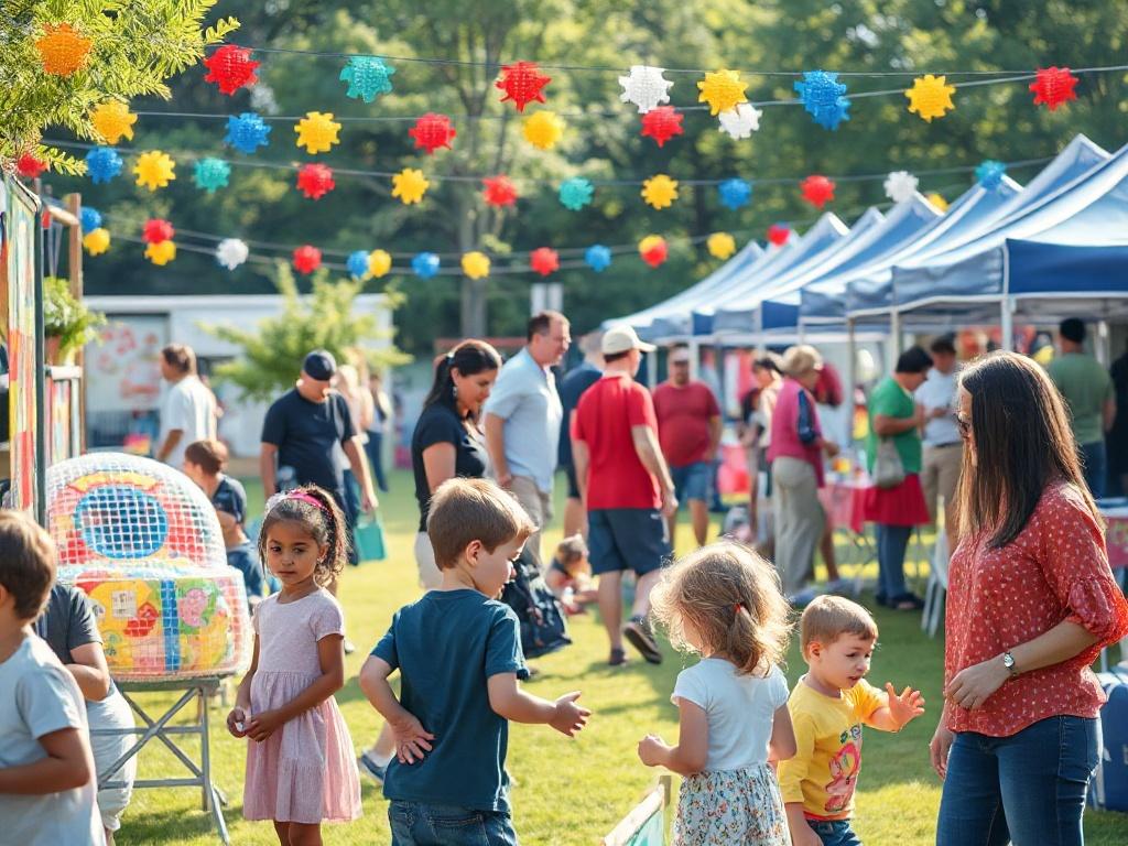 A vibrant outdoor event with families enjoying activities, games, and booths. Colorful decorations and playful setups create a festive atmosphere. Children are seen playing, while parents engage in conversations, creating a sense of community. The sun is shining, and everyone appears happy and relaxed, embodying a supportive environment for families affected by autism.