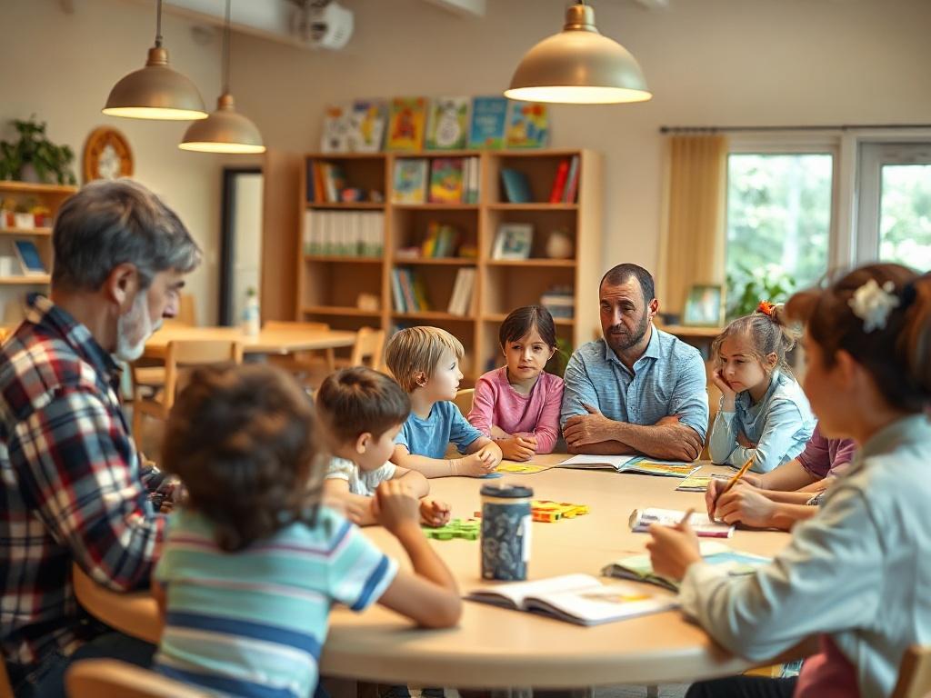 A warm and inviting community center with families gathered around a table, listening to a knowledgeable speaker. The atmosphere is bright and engaging, with colorful materials related to autism displayed. Soft lighting enhances the welcoming environment, and children are seen interacting with each other while parents take notes, creating a sense of unity and support.
