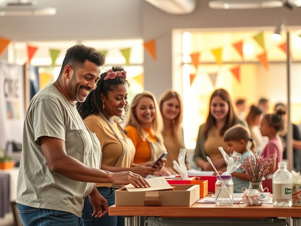 A group of enthusiastic volunteers working together at a community event, setting up booths and engaging with families. The atmosphere is energetic and collaborative, with smiles and teamwork evident in their interactions. Soft lighting and a colorful backdrop create a welcoming scene.