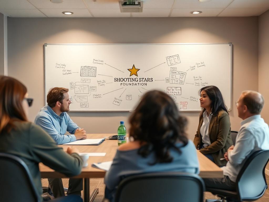 A meeting room where representatives from Shooting Stars Foundation and local businesses are discussing partnership opportunities. A whiteboard filled with ideas and plans is visible in the background. Everyone appears engaged and focused, symbolizing collaboration and shared goals. The atmosphere is professional yet friendly, reflecting a commitment to community and support.