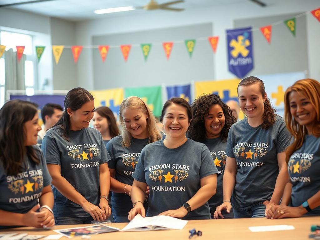 A diverse group of volunteers wearing Shooting Stars Foundation t-shirts, actively engaged in setting up for an event. They are smiling and collaborating, showcasing teamwork and enthusiasm. The backdrop features colorful banners and decorations related to autism awareness. This image conveys a sense of unity and purpose, highlighting the importance of community support.