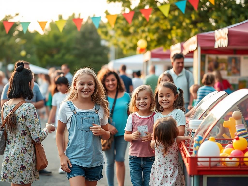 A vibrant outdoor community event with families enjoying activities, booths, and games. Children and parents are smiling and interacting, showcasing a sense of togetherness and joy. Bright colors and cheerful decorations enhance the festive atmosphere.