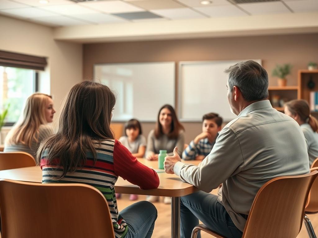 A warm, inviting classroom setting with families gathered around a knowledgeable speaker discussing autism education. The atmosphere is friendly and engaging, with families actively participating. Soft lighting and gentle colors create a peaceful ambiance.