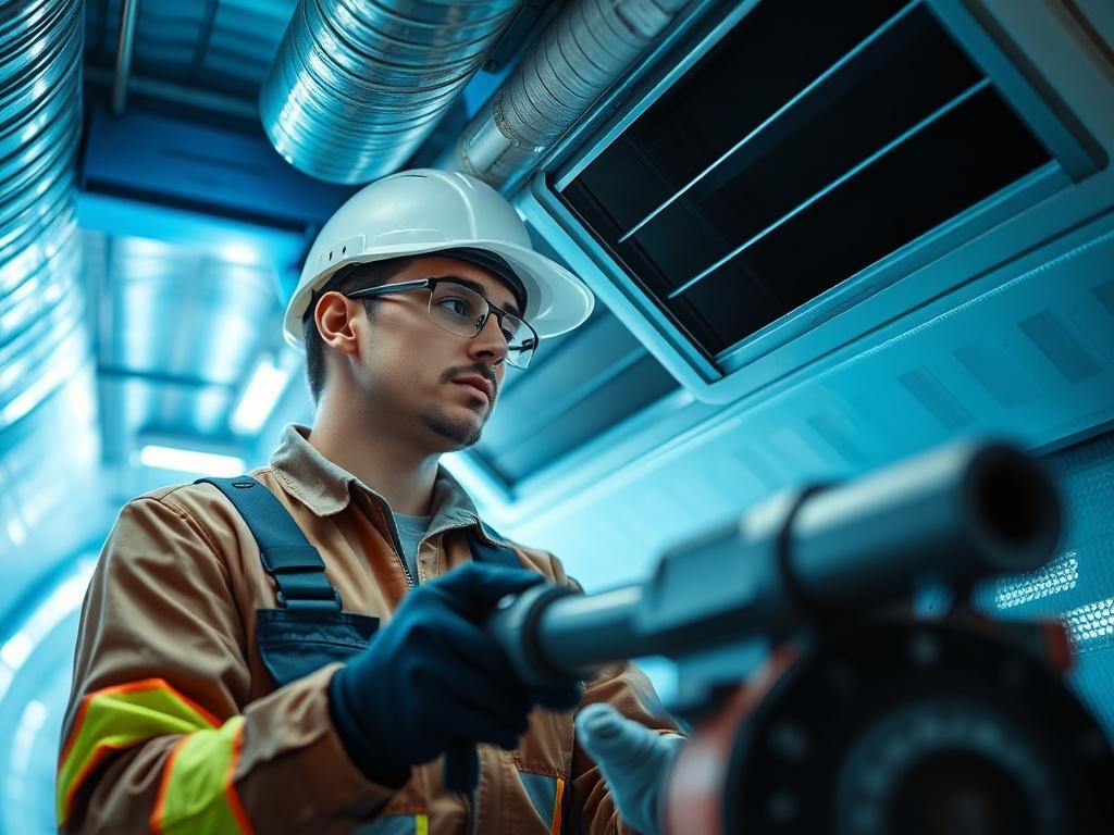 A close up shot of a professional technician cleaning air