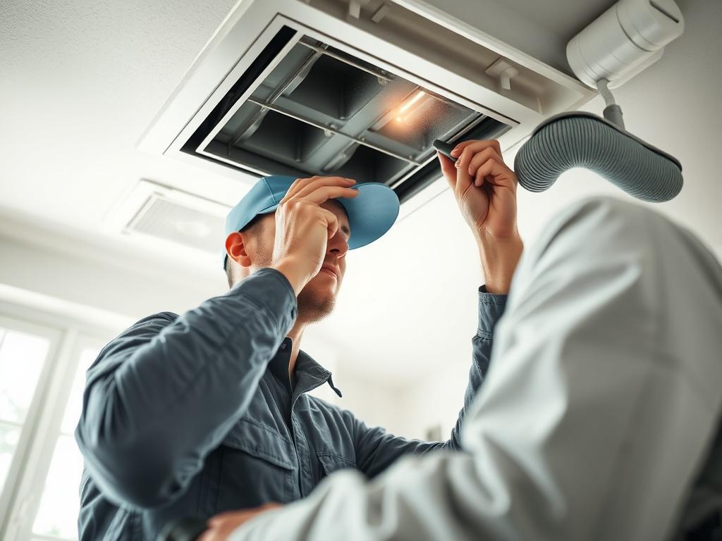 **AI Image Generation Prompt:**

Create a realistic, high-resolution photo that vividly captures the significance of regular air duct cleaning. The composition should be simple and clear, featuring a single subject: a professional technician in a modern uniform, actively inspecting an air duct in a residential setting. The technician should be shown in a close-up, emphasizing their focus and expertise. 

The subject should be positioned in the foreground, with their hands working on the duct, using cleaning