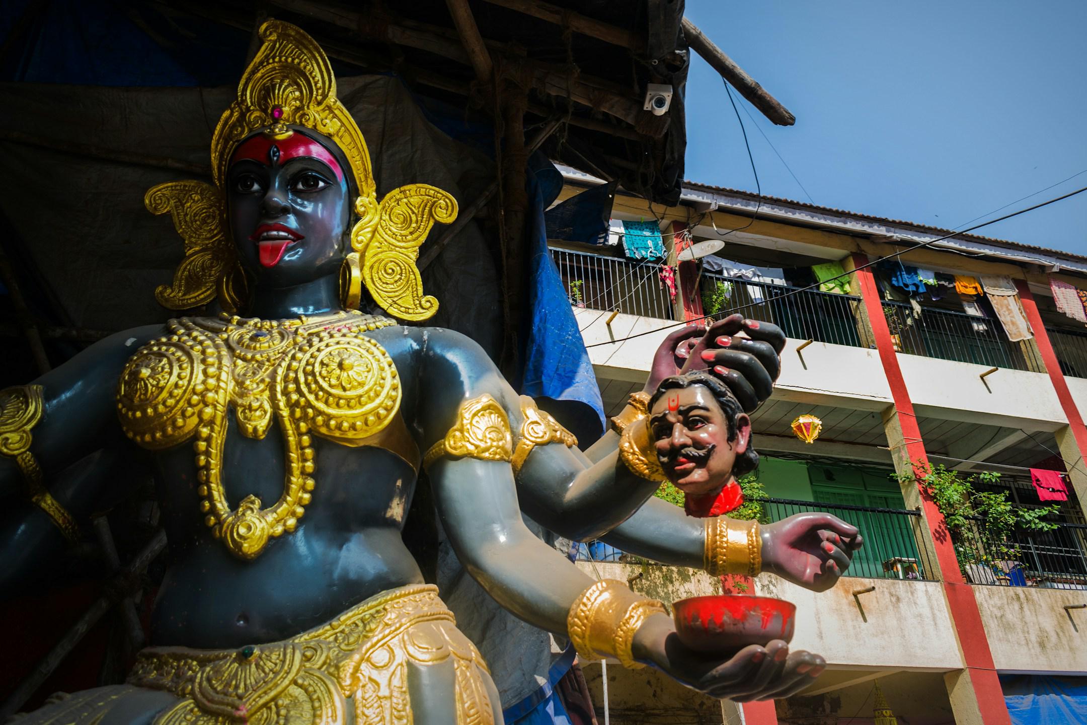 An idol of Goddess Kali at a workshop in Mumbai during Navratri.
