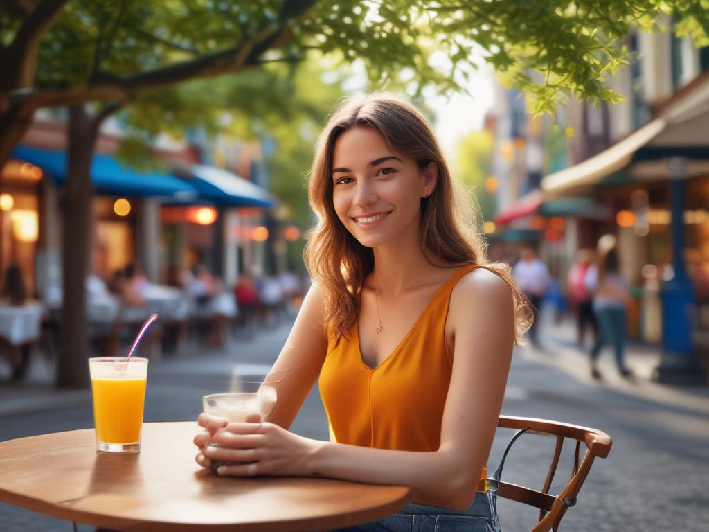 A charming young woman in a stylish outfit, smiling and