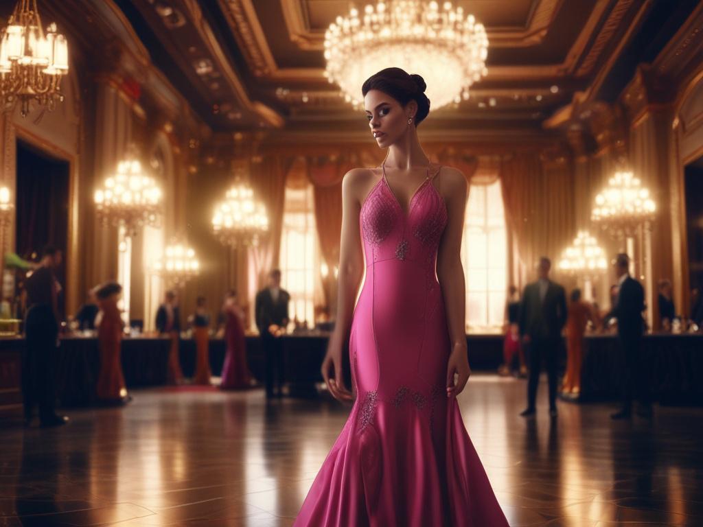 A glamorous woman in an elegant evening gown, standing confidently