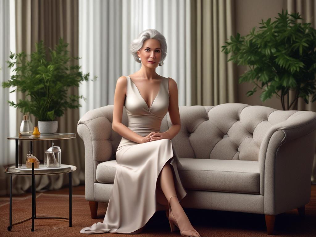 A sophisticated mature woman in a classy dress, sitting comfortably