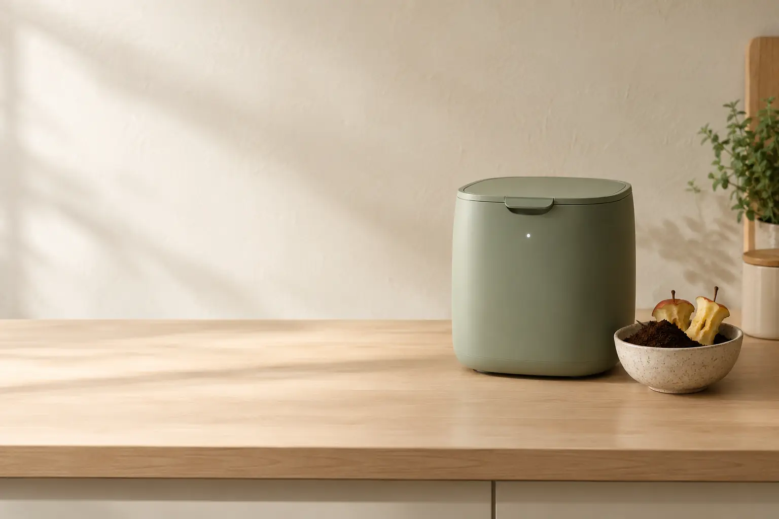 The matte-sage Loamwell One on a birch counter beside a bowl of coffee grounds and apple cores