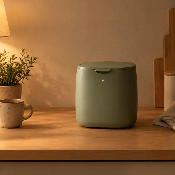 The closed Loamwell One running quietly on a birch counter in warm evening light