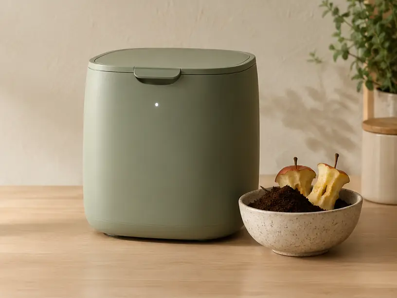 The Loamwell One on a birch counter beside a bowl of coffee grounds and apple cores