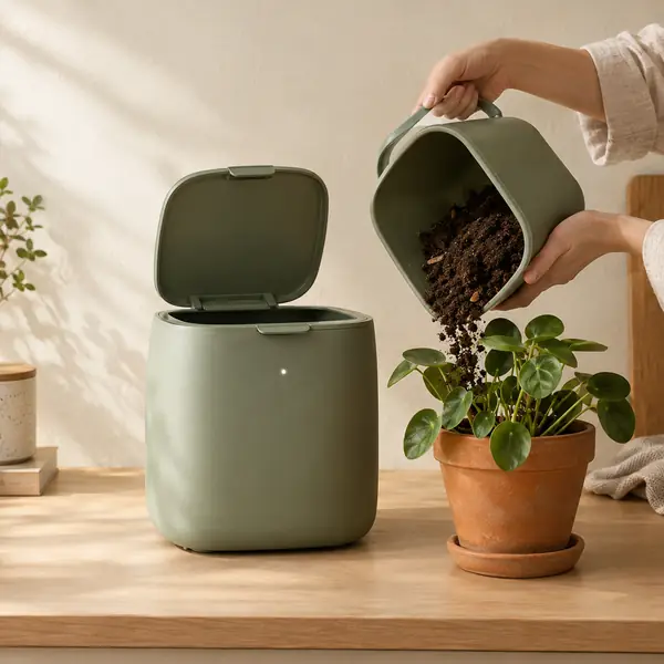 Dark crumbly soil pouring from the Loamwell One's inner bucket into a terracotta houseplant pot