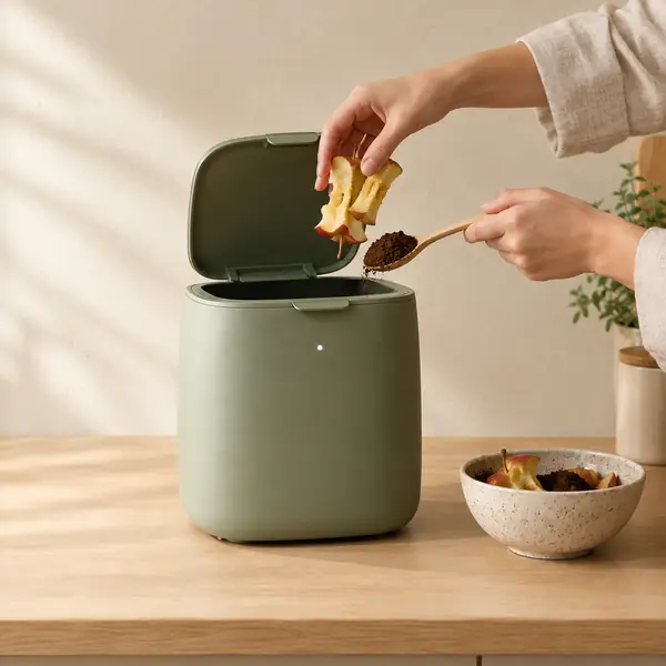 Hands dropping apple cores and coffee grounds into the open Loamwell One on a birch counter