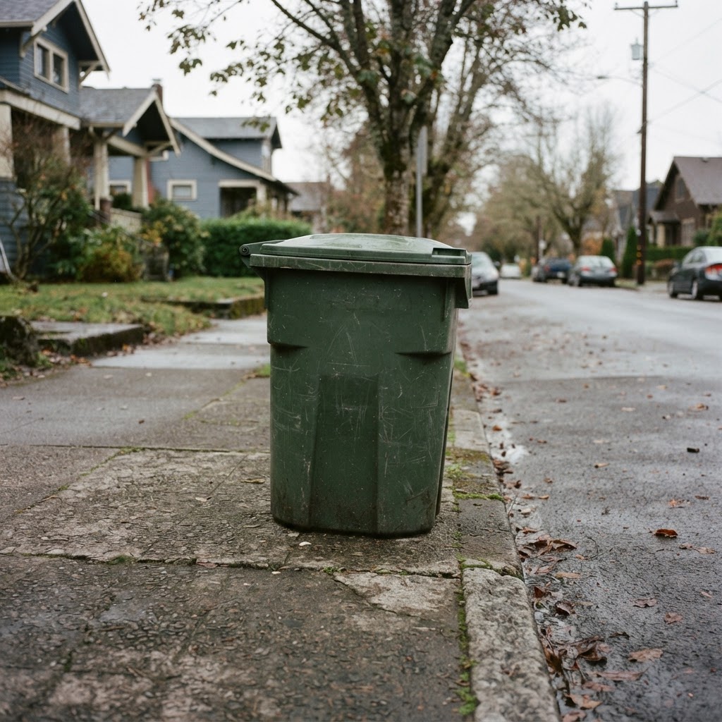 A weathered municipal green compost bin sitting on a gray Portland sidewalk