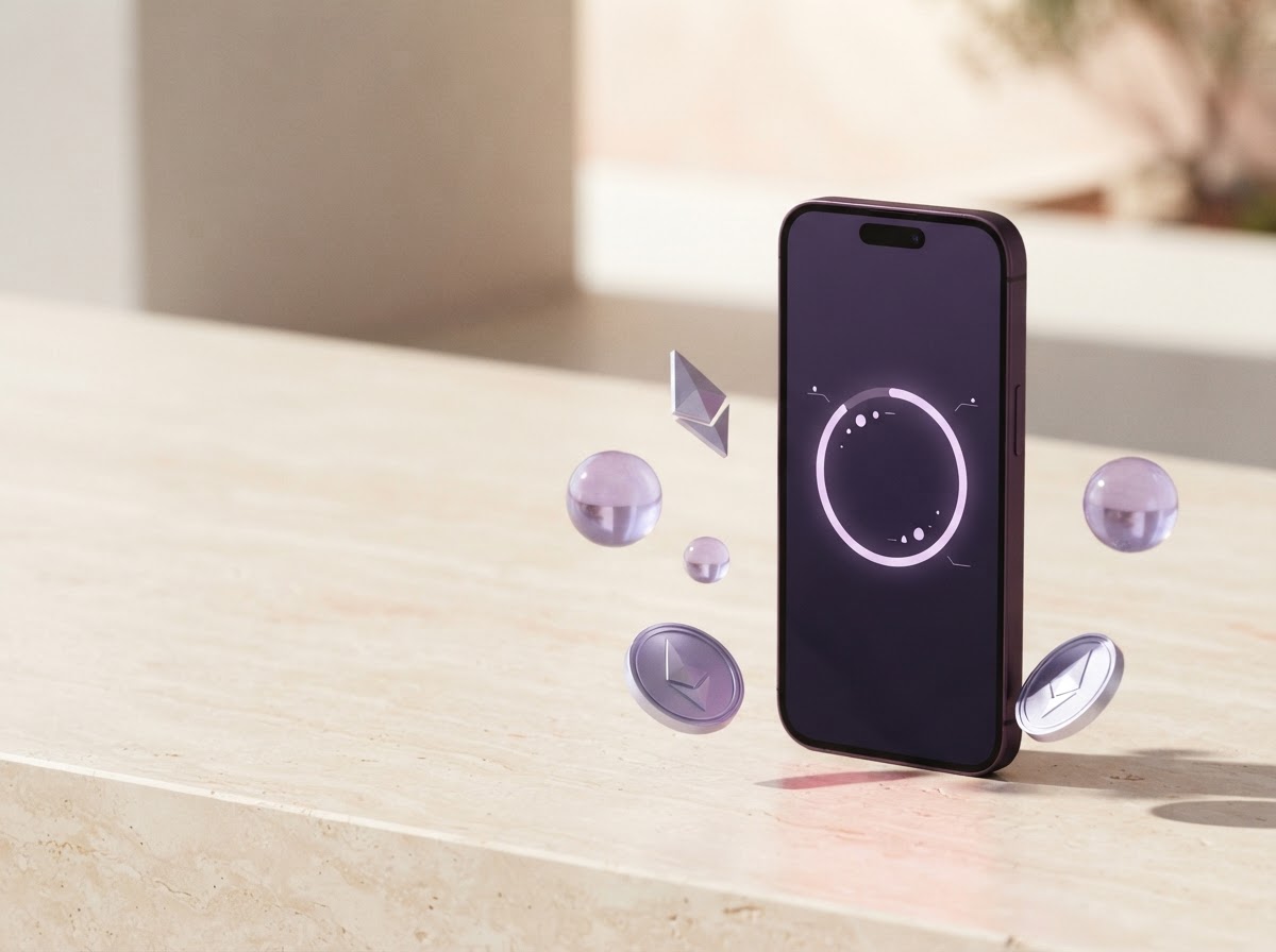 A violet smartphone displaying an abstract wallet screen surrounded by softly lit geometric tokens