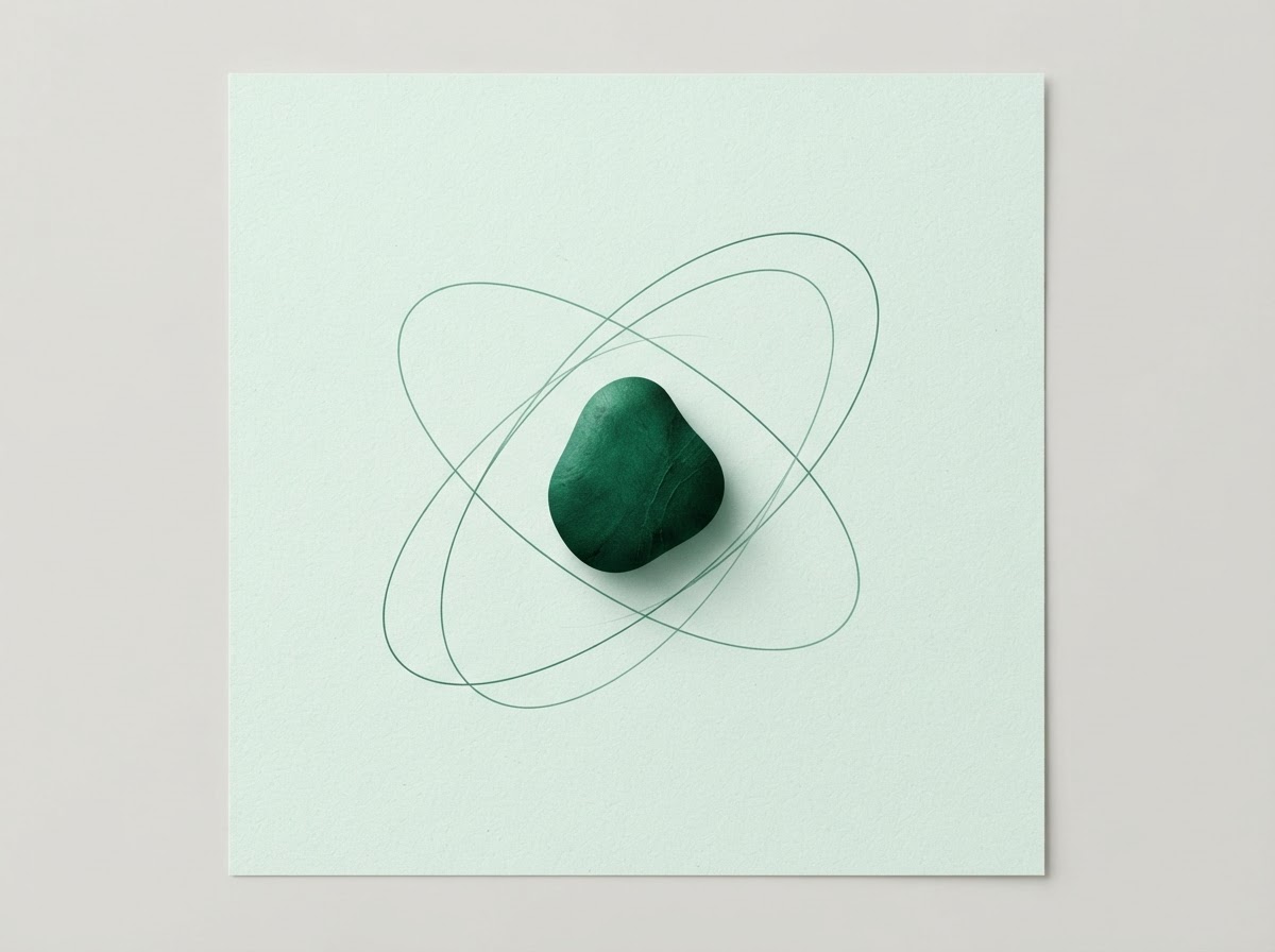 Emerald care core surrounded by fine orbital lines on a pale mint field