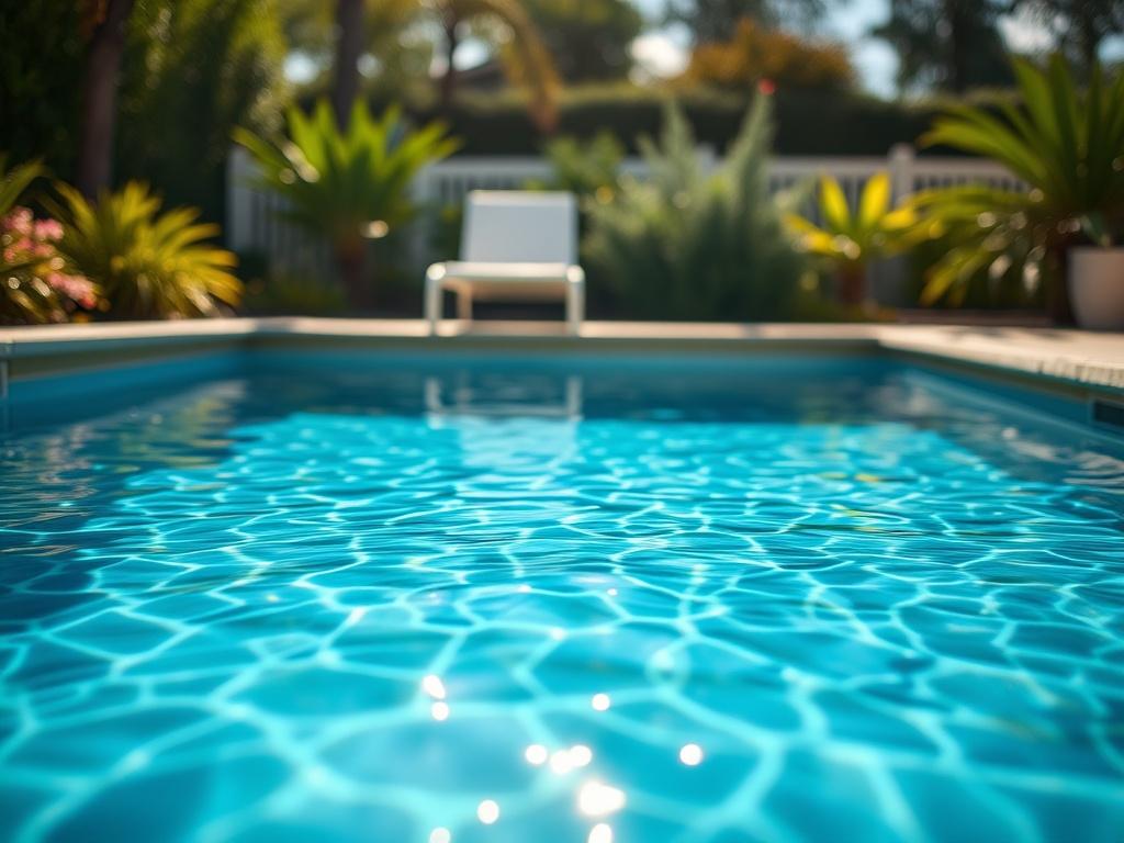 A serene backyard pool with crystal clear water, surrounded by
