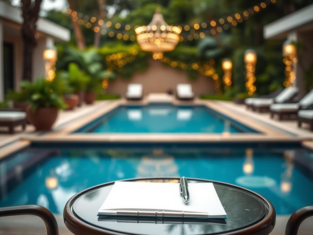 An elegant poolside area with a notepad and pen resting