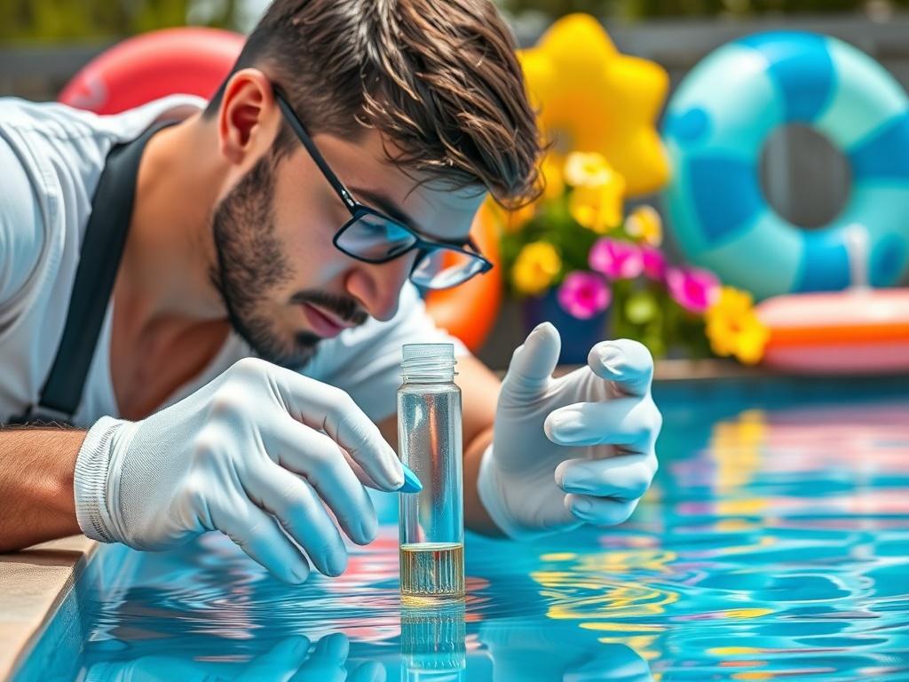 A close up shot of a pool maintenance professional carefully