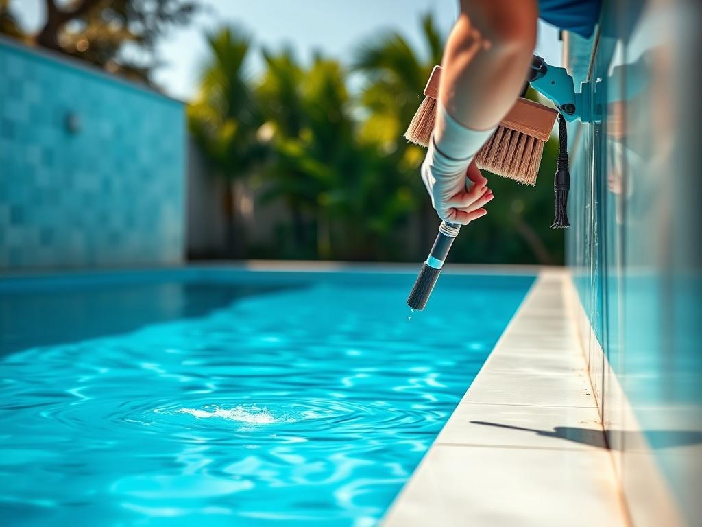 A close up shot of a pool technician brushing the