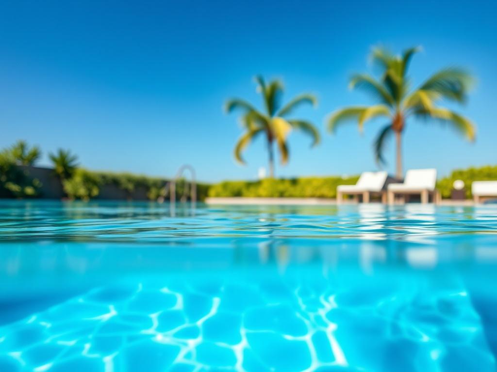 A serene swimming pool with crystal clear water, surrounded by