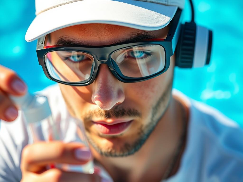 A close up shot of a pool cleaning technician testing