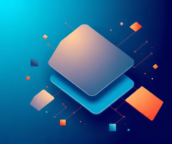 Abstract tech visualization with layered digital cards and geometric shapes