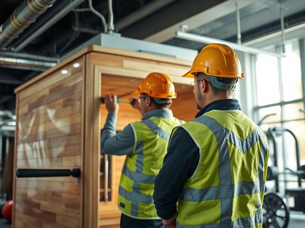 Professional installation technicians installing commercial sauna