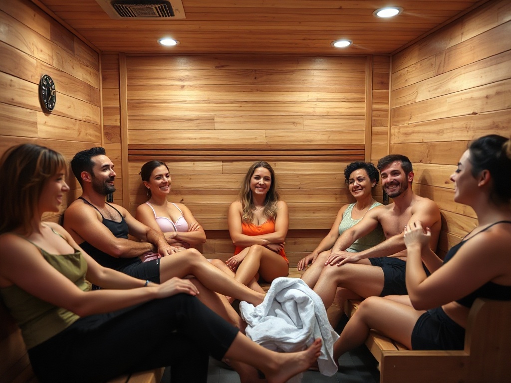 Happy gym members enjoying commercial sauna