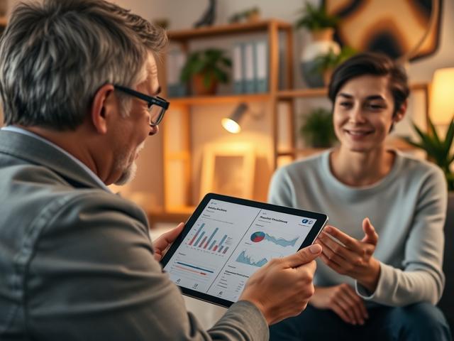 A close-up shot of a financial counselor discussing personalized debt solutions with a client in a warm, inviting office setting. The counselor, a middle-aged person with glasses, is holding a tablet showing graphs and financial plans. The client, a young adult, looks engaged and hopeful. The background features a cozy office environment with soft lighting, plants, and financial books on a shelf, creating a sense of comfort and trust.
