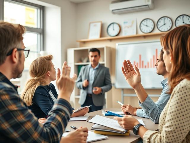 A close-up shot of a financial workshop in progress, showcasing a diverse group of participants engaged in a discussion. The instructor, a middle-aged man, stands confidently in front of a whiteboard with financial graphs. Participants, a mix of ages and backgrounds, take notes and raise hands to ask questions. The room is bright and lively, adorned with educational materials, emphasizing a supportive learning environment.