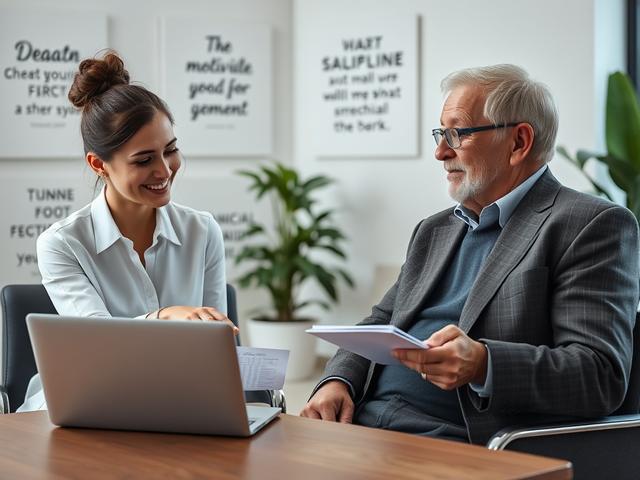 A close-up shot of a financial advisor sitting across from a client in a modern office. The advisor, a young woman with a friendly smile, is pointing at a financial plan on a laptop screen. The client, an older man, looks relieved and engaged, with a notepad in hand. The office is bright and professional, with motivational quotes on the wall and a plant in the background, symbolizing growth and progress.