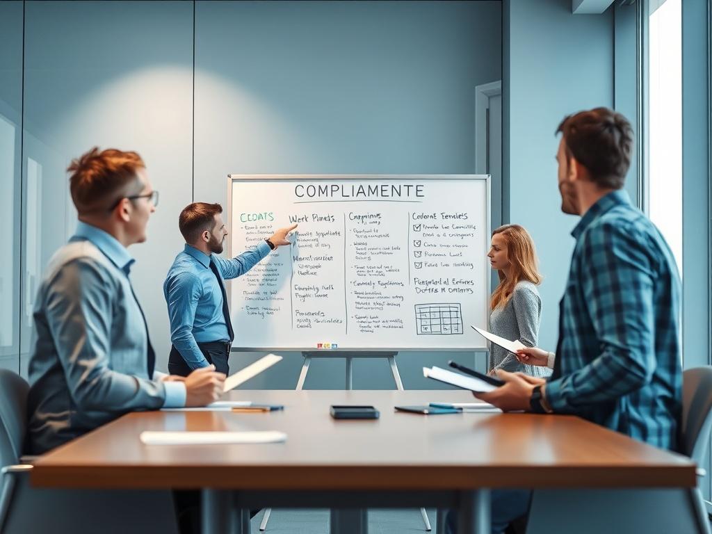 A team of professionals collaborating on a compliance program in a modern conference room. One person is pointing at a whiteboard filled with compliance strategies while others are taking notes. The setting is bright, with blue and gray tones, reflecting a professional atmosphere.