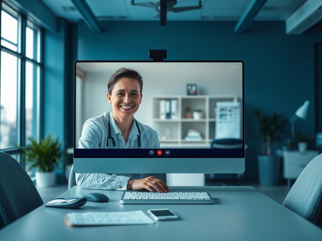 A support specialist on a video call with a client, providing ongoing compliance assistance. The background shows a modern office with cool-toned colors and compliance-related materials on the desk. The specialist is smiling and engaging with the client.