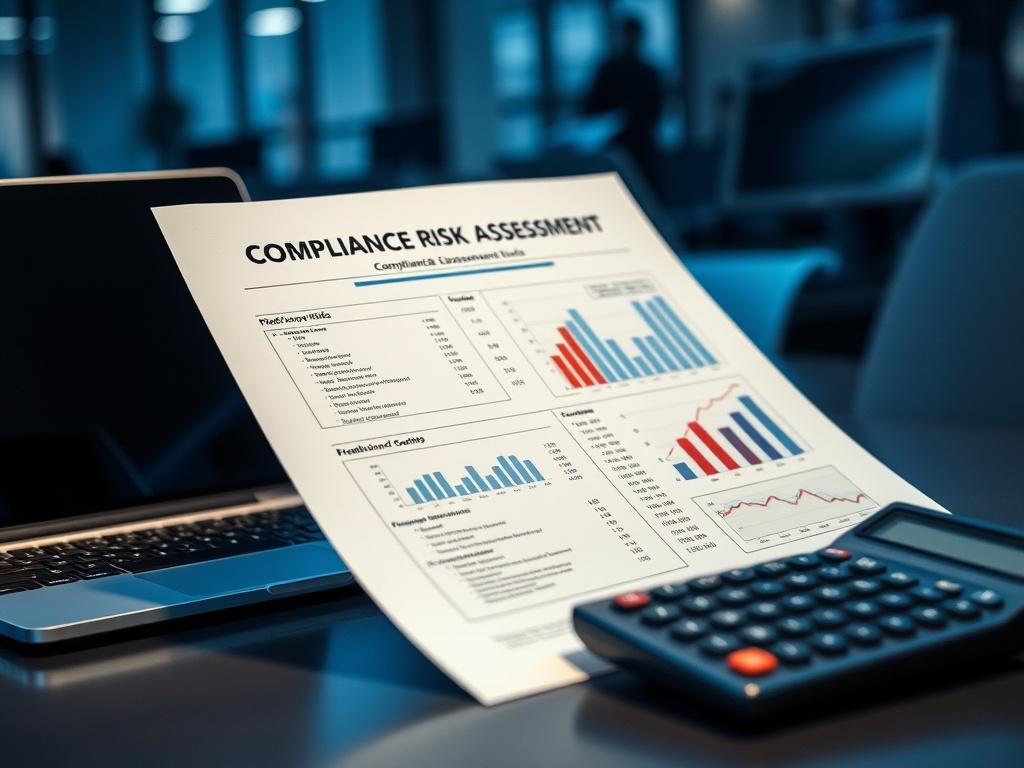 A close-up shot of a compliance risk assessment report on a desk with a laptop and a calculator. The report is filled with charts and graphs, indicating risk levels. The background showcases a cool-toned office environment with blue and gray hues.