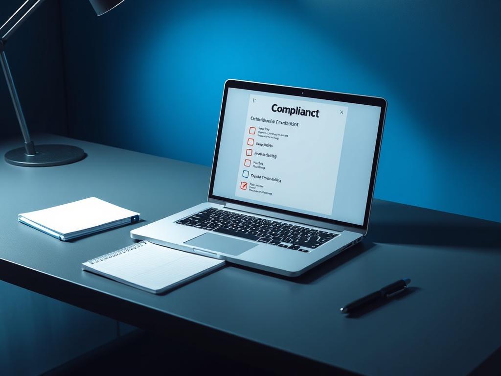 A sleek desk with a laptop open, showing a compliance checklist on the screen. An organized workspace with a notepad and pen beside the laptop. The background features cool tones of blue and gray, creating a professional atmosphere. A soft light illuminates the desk, enhancing the focus on the technology and materials. The composition is simple, with the laptop being the main subject.