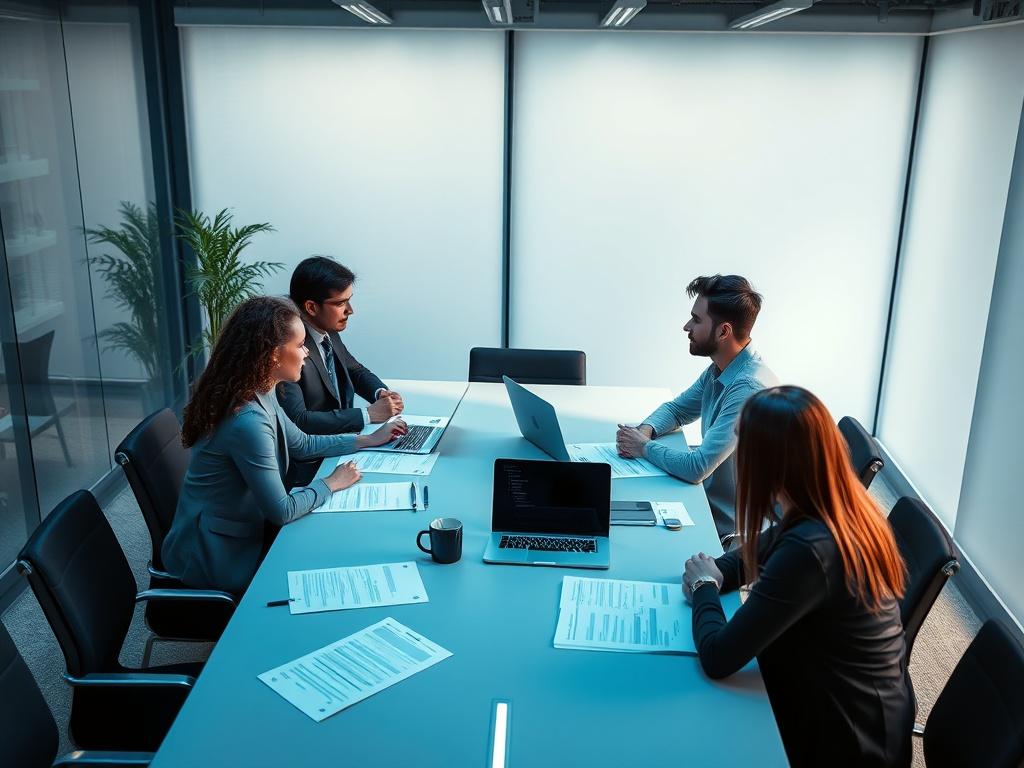 An office environment with a conference table, displaying compliance documents and a laptop. A team of diverse professionals discussing around the table, emphasizing collaboration. The setting is bathed in cool shades of blue and gray, projecting a serious yet inviting atmosphere. The focus is on the engagement of the team members and the documents laid out on the table.