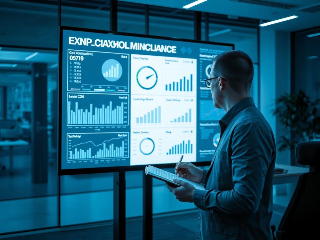 A modern office space featuring a large screen displaying compliance metrics and charts. A professional reviewing the data while taking notes, highlighting an analytical environment. The cool-toned color scheme of blues and grays enhances the seriousness of the compliance process. The image captures the essence of high-level compliance management with a focus on technology and insights.