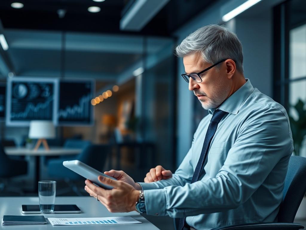 A risk management consultant analyzing graphs and charts on a