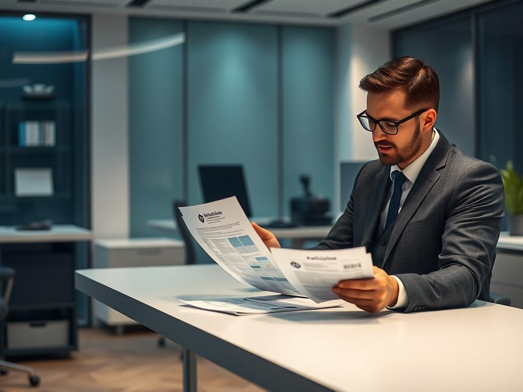 A professional consultant sitting at a modern desk reviewing documentation