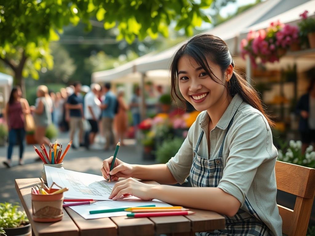 **AI Image Generation Prompt:**

Create a realistic high-resolution photograph that captures the essence of a gardening festival. The composition should focus on a single subject: a cheerful young woman artistically sketching a garden design at an outdoor festival. She should be seated at a modest table adorned with drawing materials such as colored pencils, sketchpads, and a small potted plant. Her facial expression conveys concentration and creativity, reflecting her passion for landscape design.

The bac