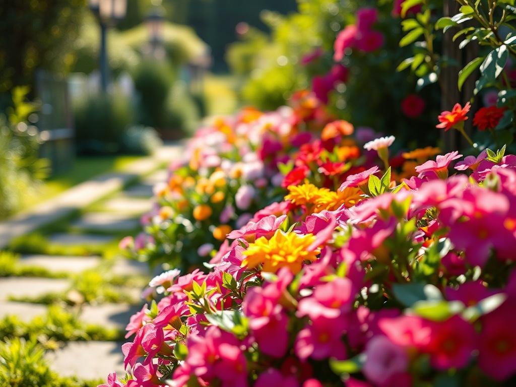 A hyper-realistic close-up of a beautifully designed garden by Pieternella Tuinontwerp, showcasing vibrant flowers and lush greenery. The focus is on a well-arranged flower bed, capturing the intricate details of the plants, with soft sunlight filtering through leaves. The background features a blurred garden path, enhancing the natural beauty of the scene.