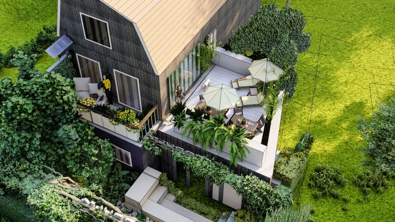 <strong>Groen en duurzaam</strong> Ontwerp met hergebruikte materialen, verdwaaltuin, minimalistisch dakterras.